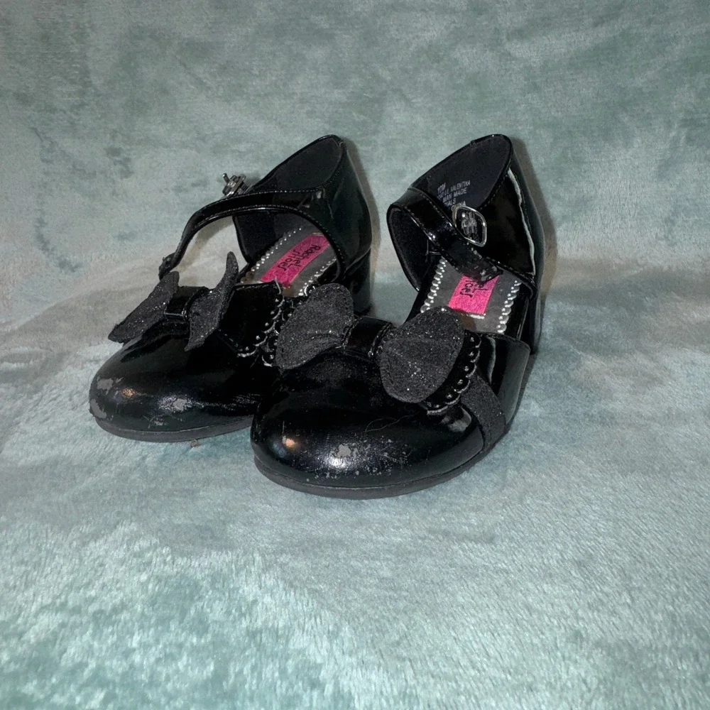 Rachel Shoes Girls Valentina Mary Jane Heel 10M Black Patent Glitter Bow